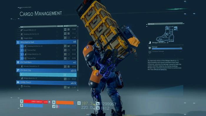 The cargo management and carry capacity system in the pause menu.