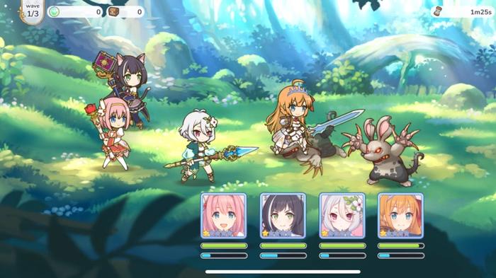 Screenshot from Princess Connect, showing several characters in a 2D turn-based battle