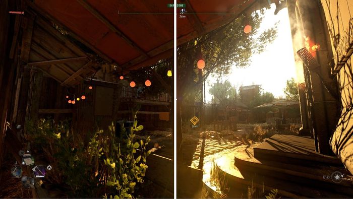 A side by side of no post processing vs the glaring light of bloom and lens flare in Dying Light 2.