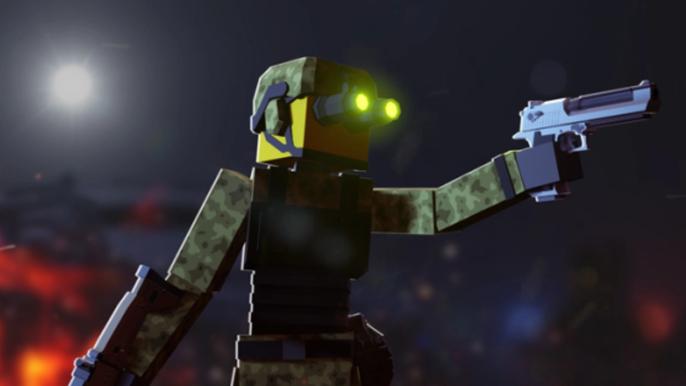 Screenshot from Bad Business, showing a Roblox avatar wielding a pistol