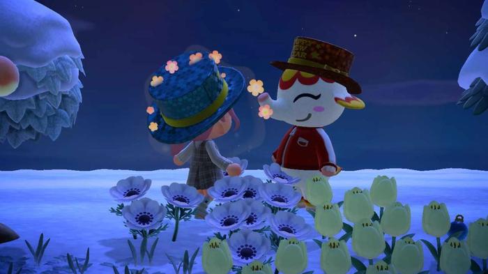 Animal Crossing New Horizons New Year's Countdown Event Player and Villager Margie wearing New Year's Silk Hats