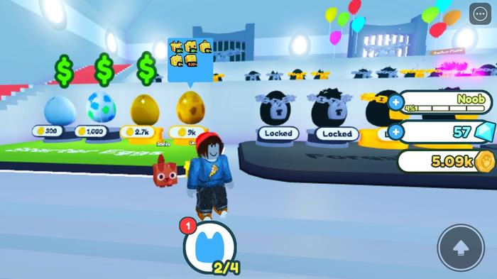 Screenshot from Pet Simulator X, showing a Roblox character in front of the in-game store, full of eggs
