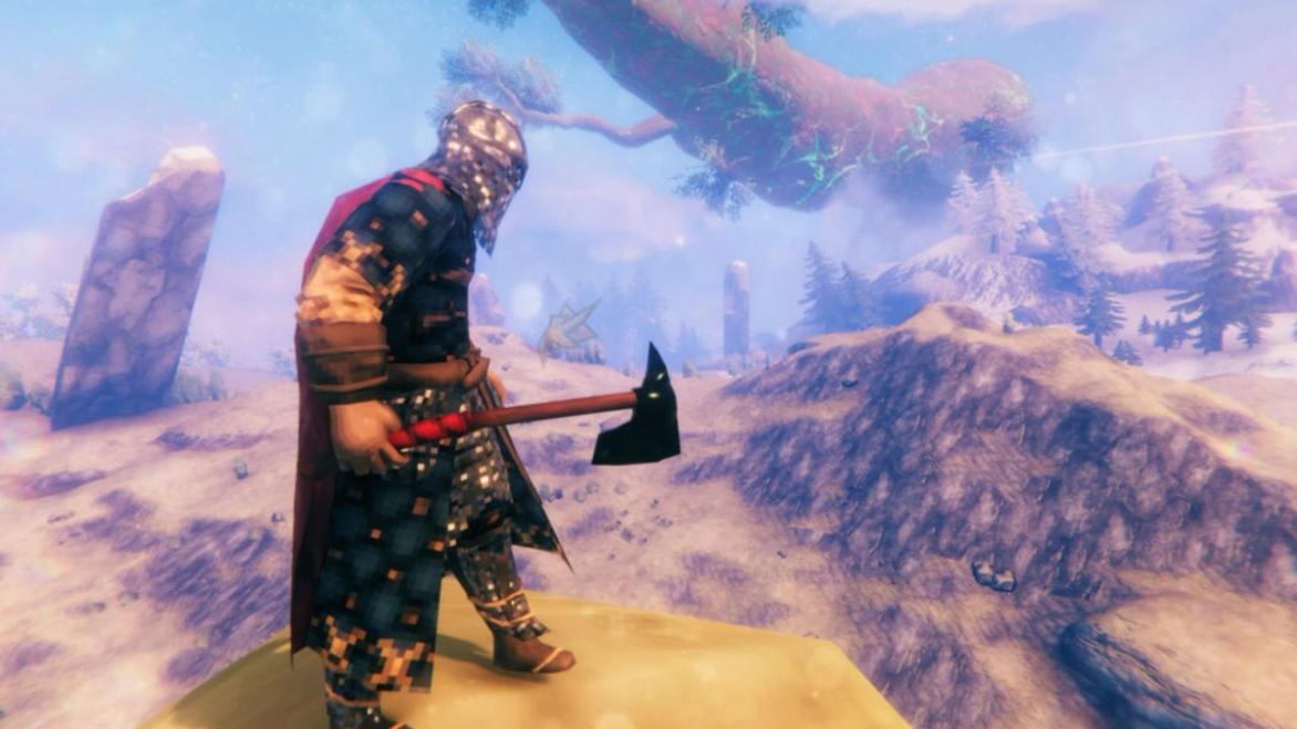 character with black metal axe in Valheim