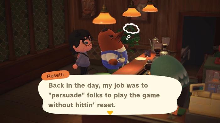 A player with Resetti in The Roost as he talks about his past, in Animal Crossing: New Horizons.