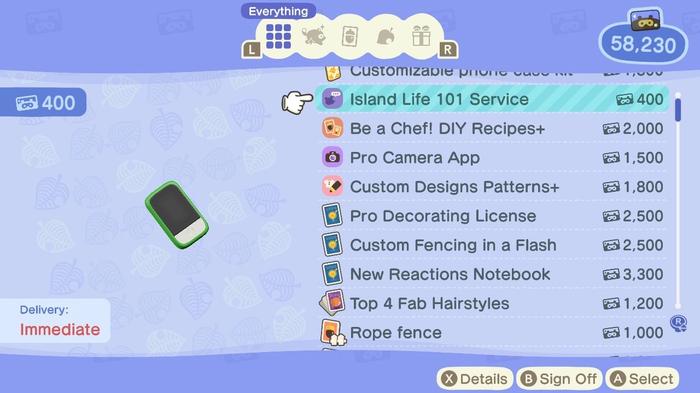 The Island Life 101 Service in the Nook Stop Terminal in Animal Crossing: New Horizons, costing 400 Nook Miles.