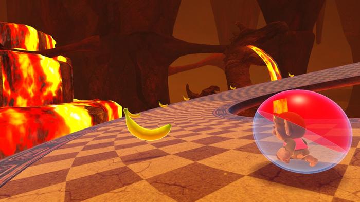 Super Monkey Ball Banana Mania - Volcanic Magma world. Gongon Monkey In Red/Clear Ball, rolling towards bananas on tiled path, orange lava falls in background.