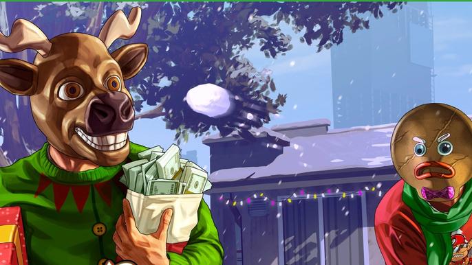 GTA Online Festive Surprise Official Artwork 2017 version. A gingerbread man is angrily throwing a snowball at a smug reindeer.