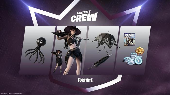Image of the Phaedra skin and other rewards from the Fortnite Crew Pack for July 2022.