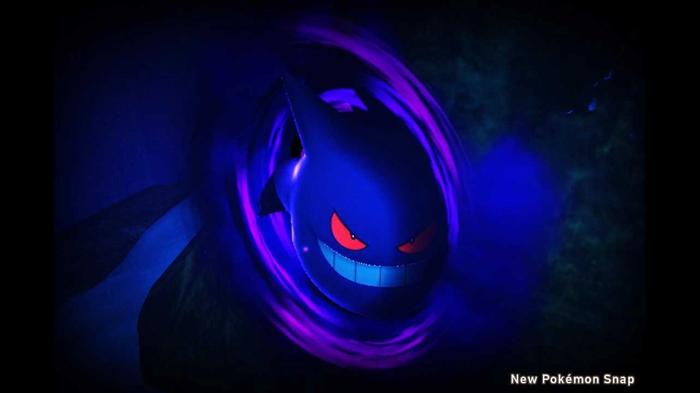 Gengar creeps out of a portal in the shadows.