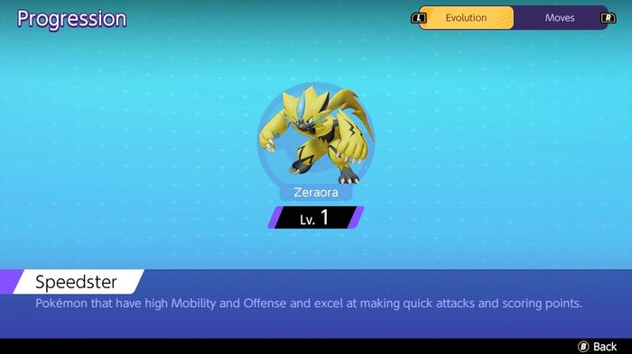 The progression screen showing the level at which Pokémon Unite Zeraora evolves.