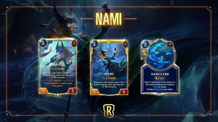 Image showing Nami's card from Legends of Runeterra, her levelled up card, and her Nami's Ebb spell card.