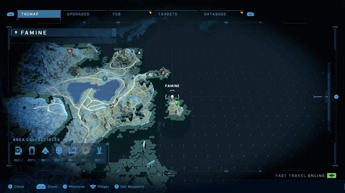 The map location of the Famine skull in Halo Infinite's campaign. It's in the far east side of the map on an isolated island.