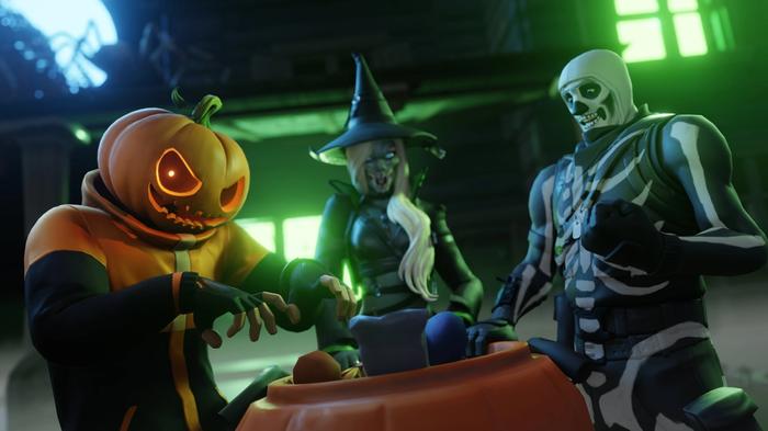 Hemlock in Fortnite with the other skins, a pumpkin and a skeleton