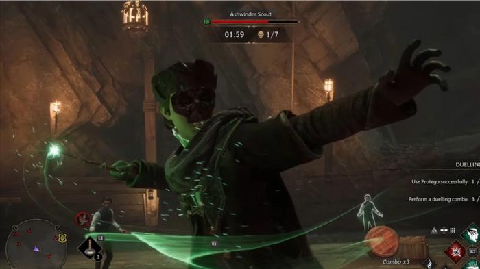 The character is using a spell in Hogwarts Legacy.