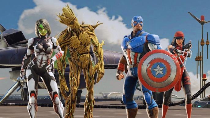 Image of Gamora, Groot, Captain America, and Elektra in Marvel Strike Force.