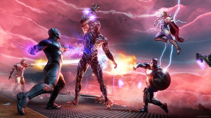 Screenshot from Marvel's Avengers War for Wakanda expansion showing the Avengers, including Iron Man, Thor, Captain America and Black Panther, fighting Klaue
