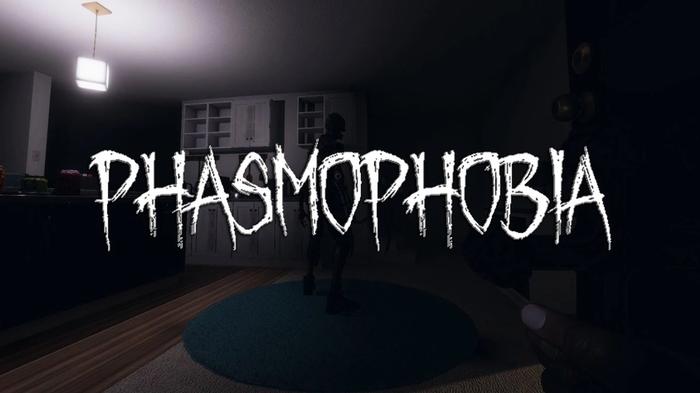 The Phasmophobia logo over an image of the living room of the Ridgeview Street House.