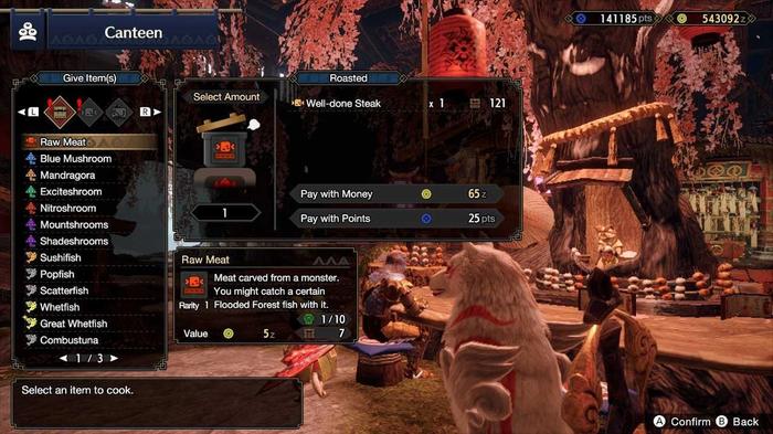 Crafting with Raw Meat in the Motley Mix menu of Monster Hunter Rise