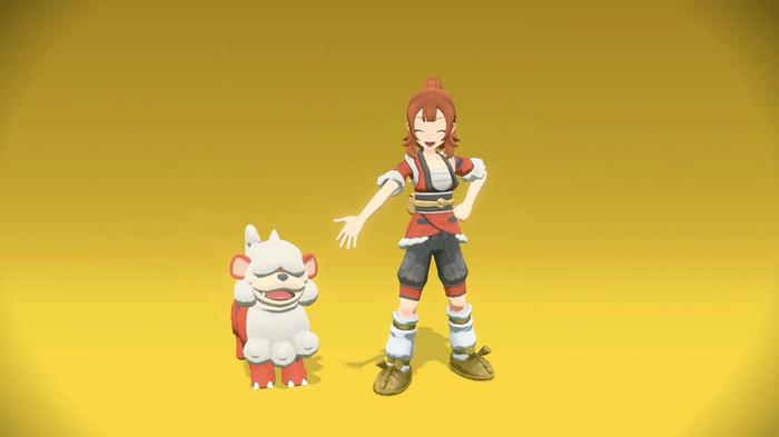 A Pokémon Trainer with their Hisuian Growlithe, in their Hisuian Growlithe Kimono set, in Pokémon Legends: Arceus.