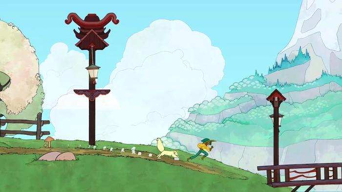 Screenshot from Spiritfarer showing the protagonist running through a meadow towards a bridge.