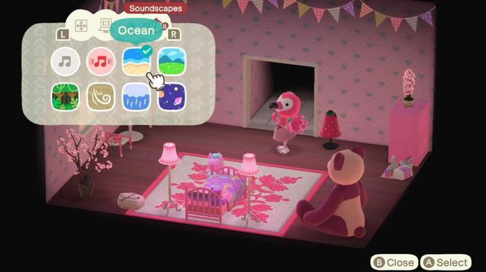 Animal Crossing New Horizons Happy Home Paradise Flora's Pink House. Soundscape Menu is open in top left corner. The ocean soundscape has been selected.