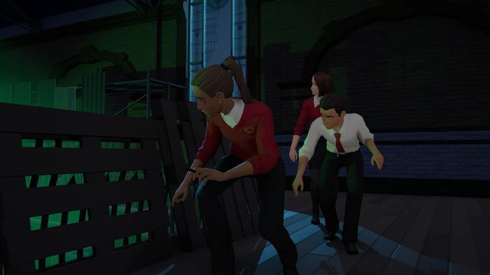 Screenshot from Last Stop showing a trio of characters in school uniform sneaking through a dark environment.