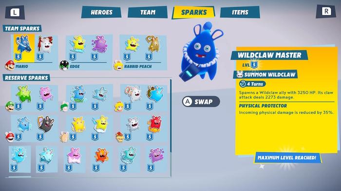 Image of the Sparks customisation menu in Mario and Rabbids Sparks of Hope