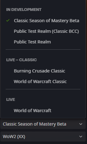 The pop-up menu on the Battle.net launcher which players can select their World of Warcraft Version to play.