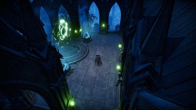 Image of a portal within the castle shrouded in green in V Rising.