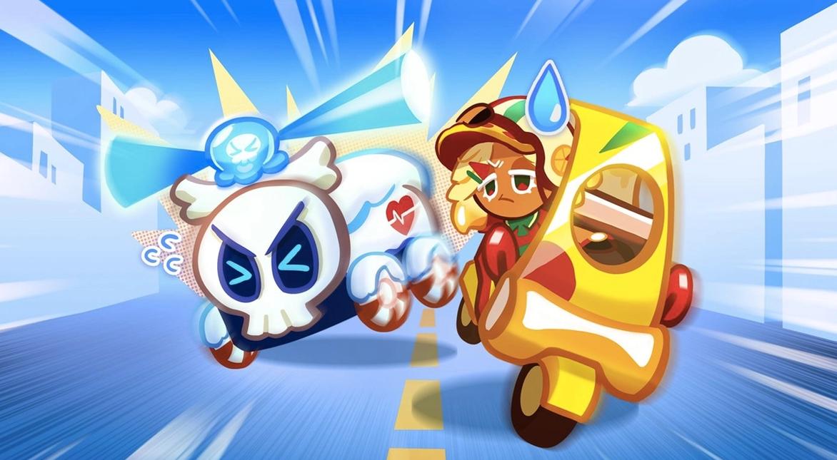 Image of a cookie running from a skull car in Cookie Run: OvenBreak.