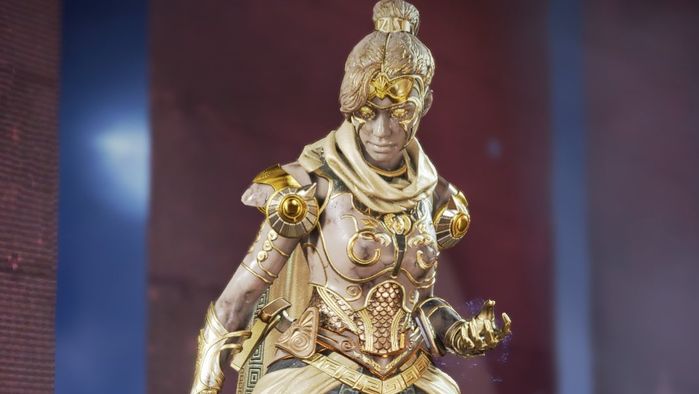 Marble Goddess Wraith skin, looks like a statue with marble skin and gold detailing, looks to be wearing a romanesque outfit.