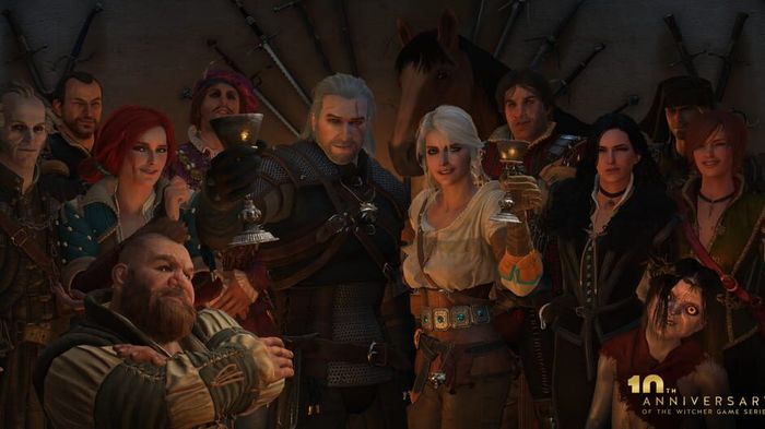 Multiple characters from The Witcher series commemarating the games 10th anniversary: Geralt, Ciri, Yennefer, Triss and Zoltan from The Witcher 3 can be seen.