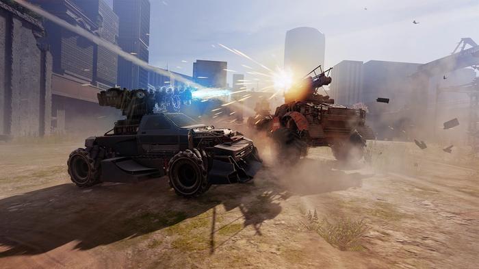 Image of two vehicles shooting at each other in Crossout.