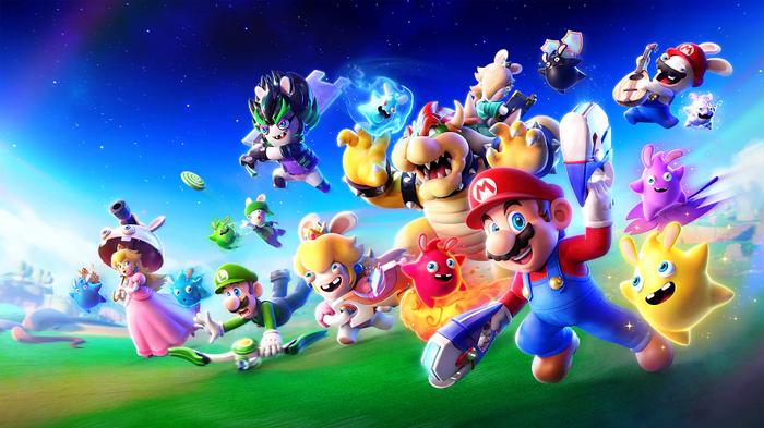Image of Mario alongside other franchise characters in a green field in Mario and Rabbids Sparks of Hope