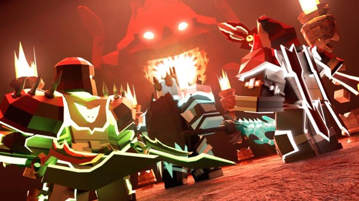 Image from Dungeon Quest showing three Roblox characters battling a fiery monster