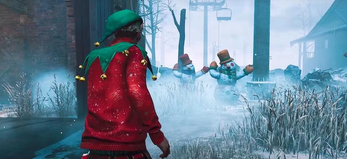 Dwight, in his Christmas cosmetic, faces two snowmen in Dead by Daylight's Bone Chill event.