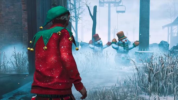 Dwight, in his Christmas cosmetic, faces two snowmen in Dead by Daylight's Bone Chill event.