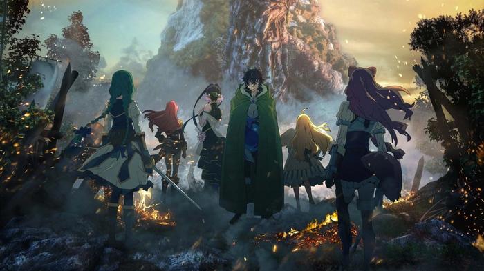A male hero is surrounded by his female companions in Rising of the Shield Hero.