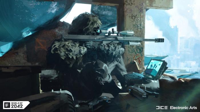 Battlefield 2042 specialist Casper sits with a screen and aims down a sniper.