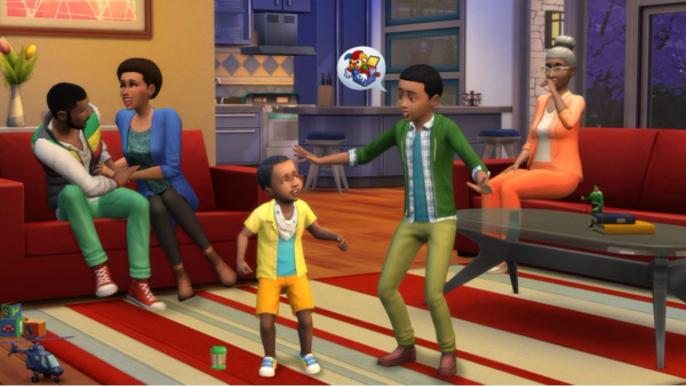 Multiple characters are having fun in Sims 4.