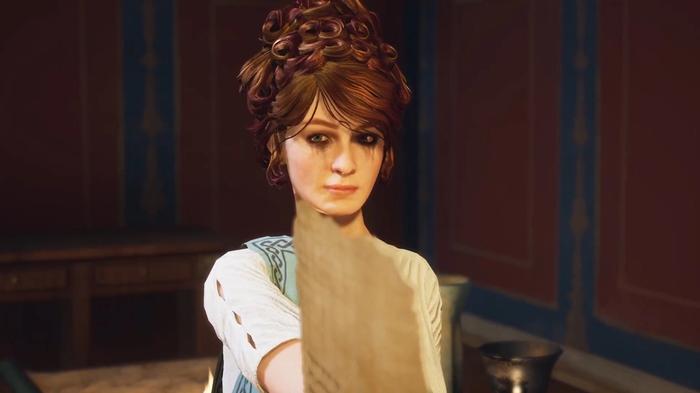 The Forgotten City. Claudia, Malleolus's wife, is handing over the love letter to the player. Her hair is tied up but her eyes show she has been crying and her smudged make-up shows this too. The room she is in has deep red. She is holding the letter out towards the player, the letter is a beige/brown colour. 