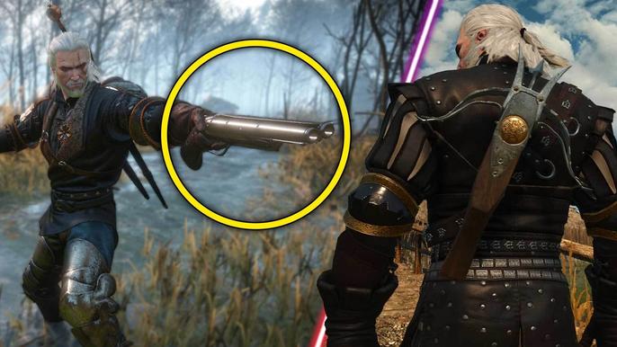 The Witcher 3's Geralt wielding a firearm.