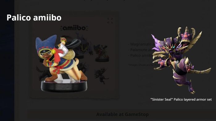 An image showing the Palico amiibo for Monster Hunter Rise. It is next to the Sinister Seal armour that it unlocks