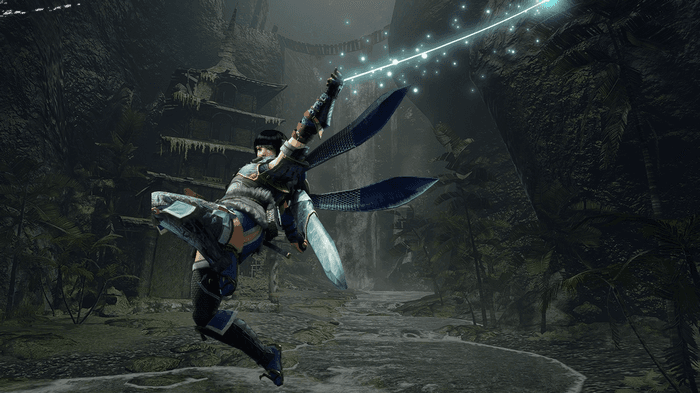 A Hunter darts in from the right, swinging on a wirebug that leads out of shot. Hunter is wearing standard Kamura outfit in blue.