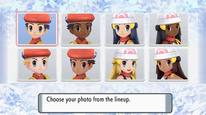 The character creation options available in Pokémon Brilliant Diamond and Shining Pearl, involving skin colour, hair colour, and gender.