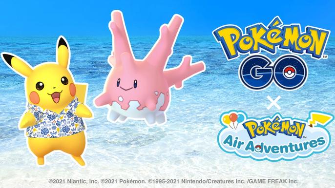 Image of a summer-themed Pikachu and Corsola in Pokémon GO