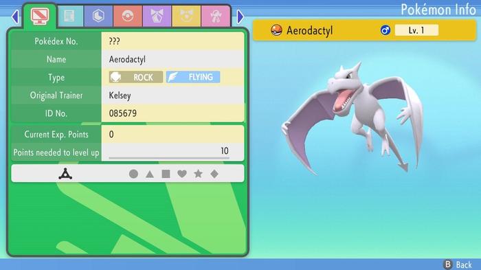 An Aerodactyl Pokémon extracted from Old Amber by the Scientist at the Oreburgh Mining Museum in Pokémon Brilliant Diamond and Shining Pearl.