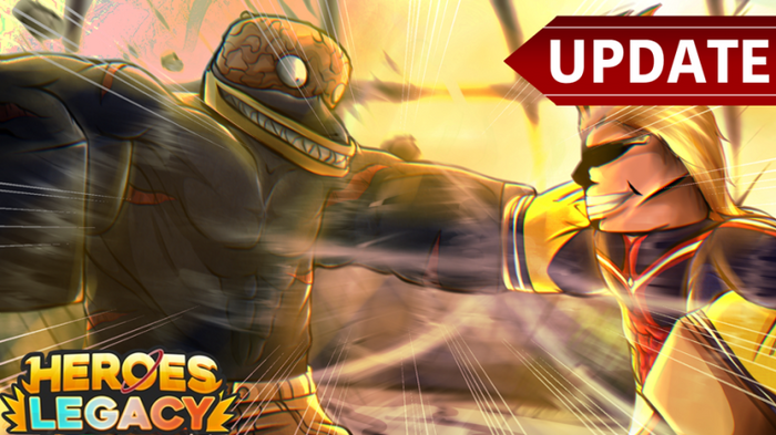 Artwork for Heroes Legacy featuring a fight between two Roblox characters dressed as superheroes.