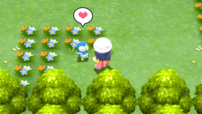 A Pokémon Trainer in Amity Square with their Piplup, who is expressing love to the Trainer, in Pokémon Brilliant Diamond and Shining Pearl.