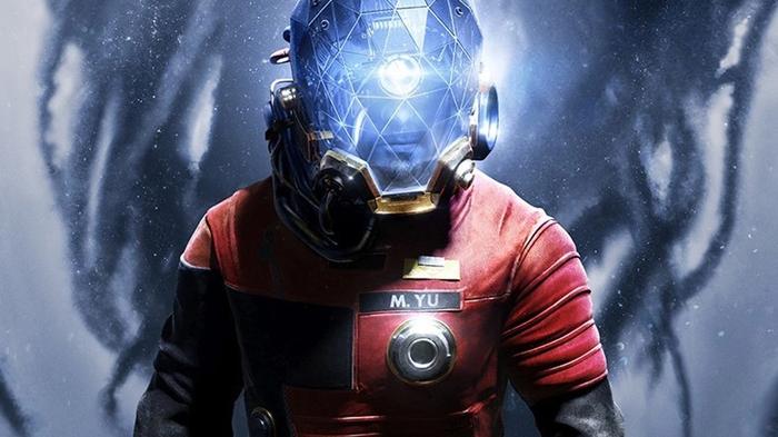 Yu from Prey (2017) stands wearing glowing headgear and a space suit.